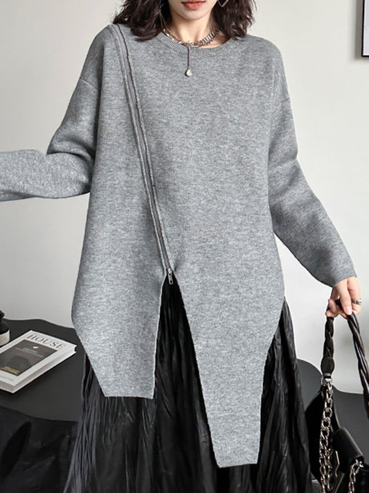 xakxx High-Low Long Sleeves Asymmetric Solid Color Zipper Round-Neck Pullovers Sweater Tops