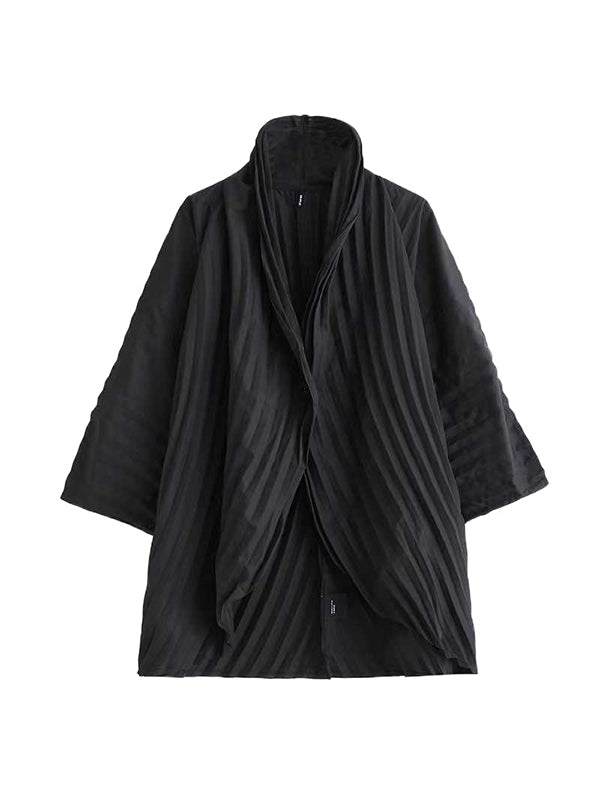 xakxx Long Sleeves Loose Buttoned Pleated Solid Color Stand Collar Shirts Top + Pants Bottom Two Pieces Set