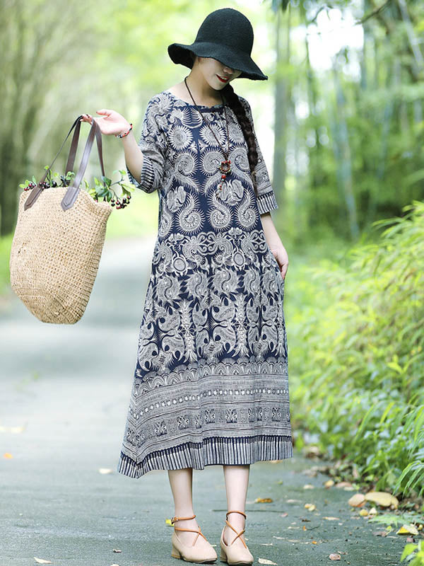 xakxx Vintage Cotton Blend Printing Midi Dresses