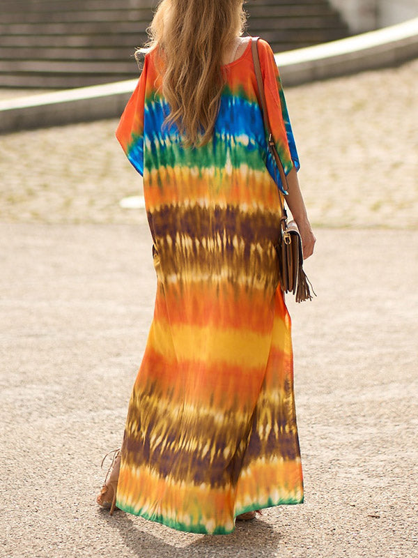 xakxx Batwing Sleeves Loose Split-Side Tie-Dyed V-Neck Beach Cover-Up Maxi Dresses