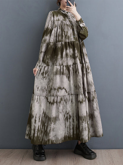 xakxx Long Sleeves Loose Pleated Split-Joint Tie-Dyed Stand Collar Midi Dresses