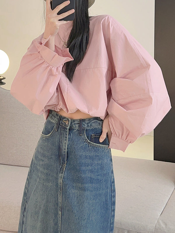 xakxx Batwing Sleeves Loose Elasticity Solid Color Round-Neck Blouses&Shirts Tops