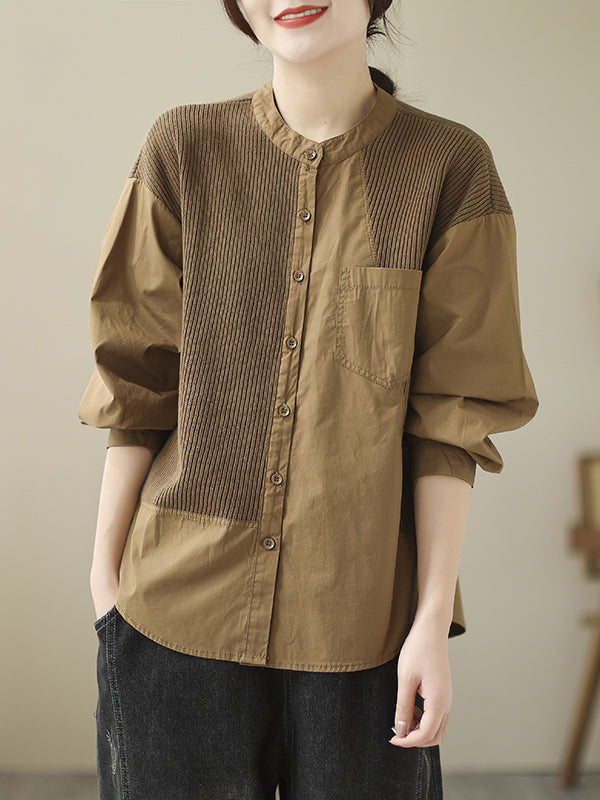 xakxx Long Sleeves Loose Asymmetric Buttoned Pockets Split-Joint Round-Neck Blouses&Shirts Tops