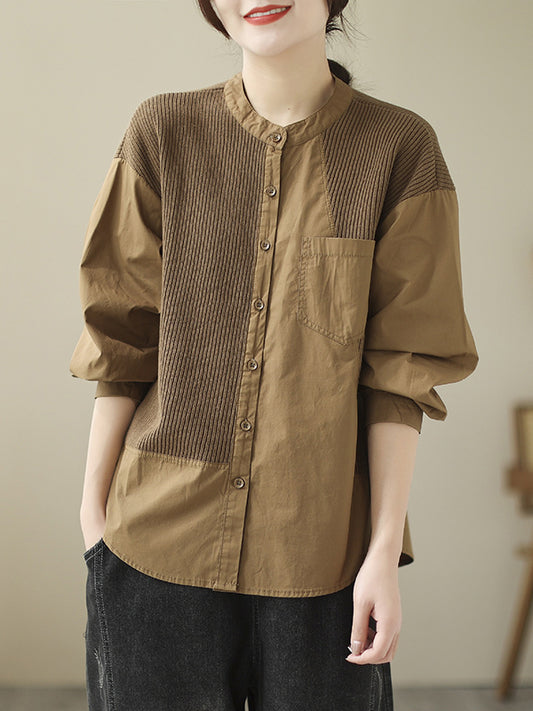 xakxx Long Sleeves Loose Asymmetric Buttoned Pockets Split-Joint Round-Neck Blouses&Shirts Tops