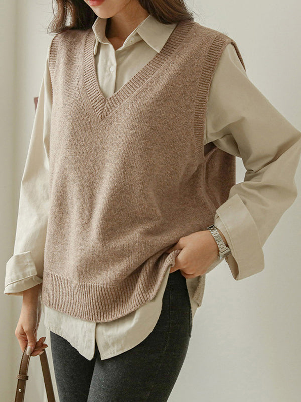 xakxx Casual Loose Sleeveless Solid Color V-Neck Sweater Vest Outerwear