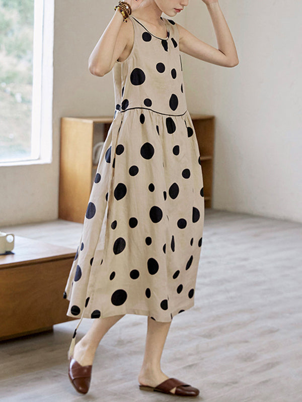 xakxx Loose Sleeveless Contrast Color Pleated Polka-Dot Split-Joint Tied Waist Round-Neck Midi Dresses