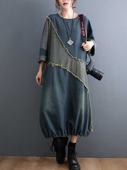 xakxx Original Loose Denim Contrast Color Round-Neck Long Sleeves Midi Dress