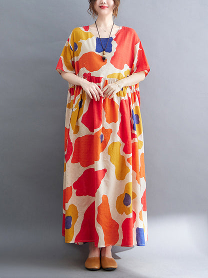 xakxx Artistic Retro Short Sleeves Loose Contrast Color Printed Round-Neck Midi Dresses