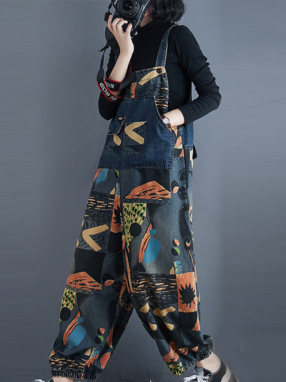 xakxx Original Cartoon Printed With Pocket Harem Denim Overalls