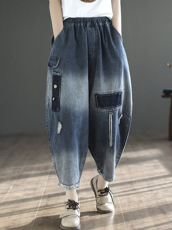 xakxx Vintage Hollow Elasticity Applique Ninth Jean Harem Pants Bottoms