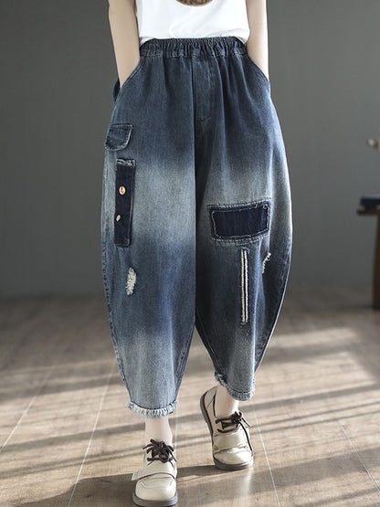 xakxx Vintage Hollow Elasticity Applique Ninth Jean Harem Pants Bottoms