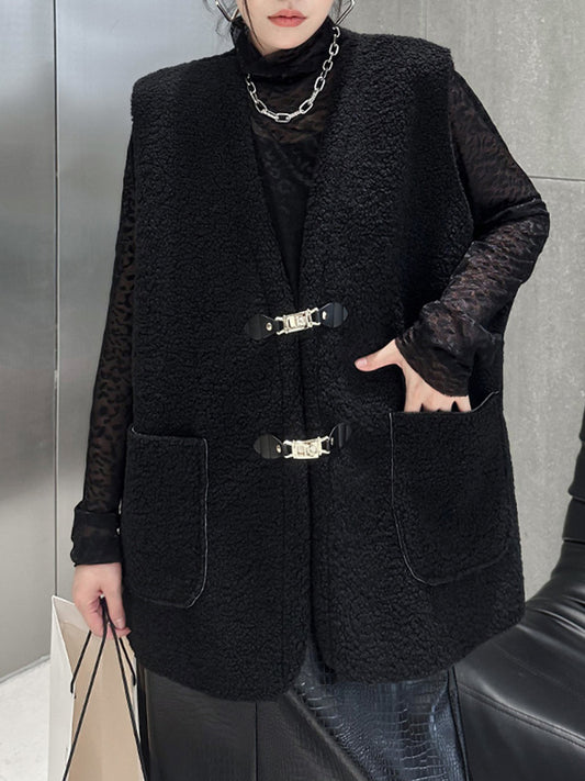 xakxx Loose Sleeveless Buckle Pockets Velvet V-neck Vest Outerwear