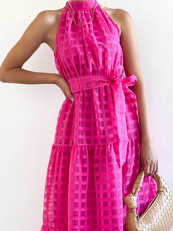xakxx Loose Sleeveless Plaid Ribbed Stand Collar Maxi Dresses
