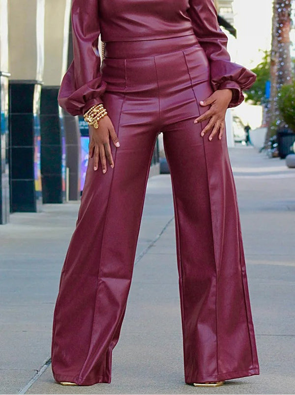 xakxx Long Sleeves Puff Sleeves Asymmetric Knot Solid Color Off-The-Shoulder Shirts Top + Pants Bottom Two Pieces Set
