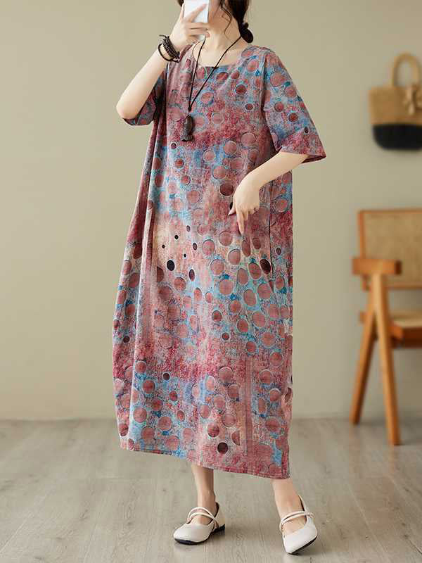 xakxx Half Sleeves Loose Contrast Color Polka-Dot Printed Round-Neck Midi Dresses