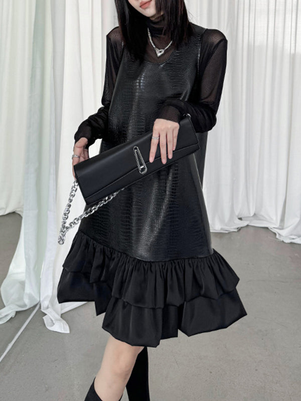 xakxx A-Line Loose Pleated Split-Joint U-Neck Mini Dresses