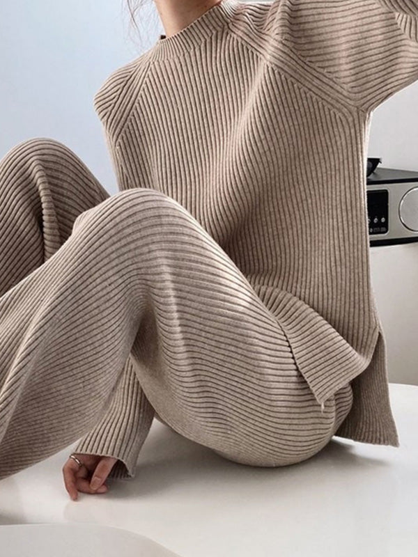 xakxx Urban Loose Solid Round-Neck Split-Side Sweater& Wide Leg Pants Suits