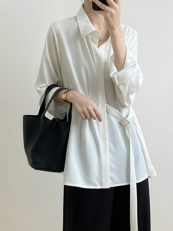 xakxx Office Loose Long Sleeves Lace-Up Solid Color Lapel Blouses