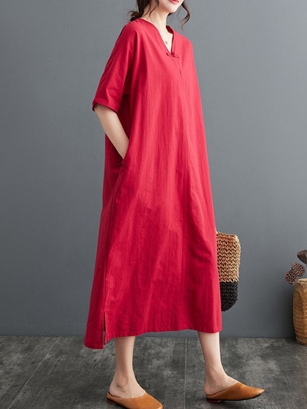 xakxx A-Line Loose Chinese Frog Buttons Pockets Solid Color Split-Side V-Neck Midi Dresses