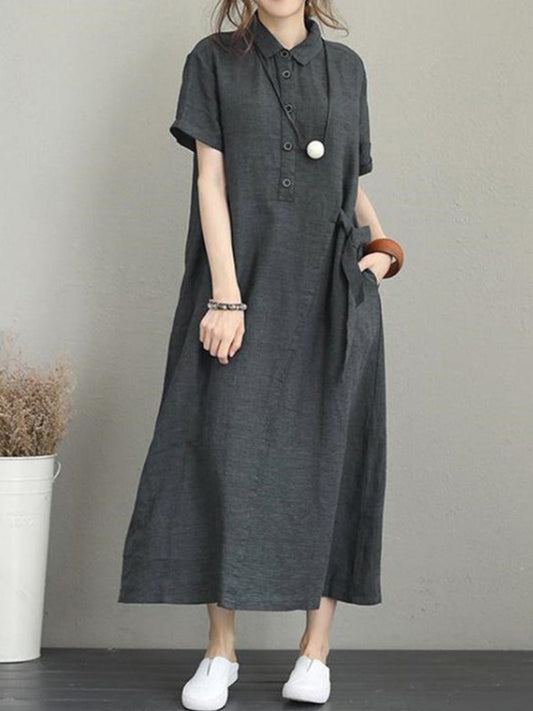 xakxx Original Cotton-Blend Lapel Solid Color Dress