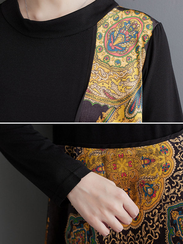 xakxx Long Sleeves Loose Asymmetric Printed Split-Joint Round-Neck Midi Dresses