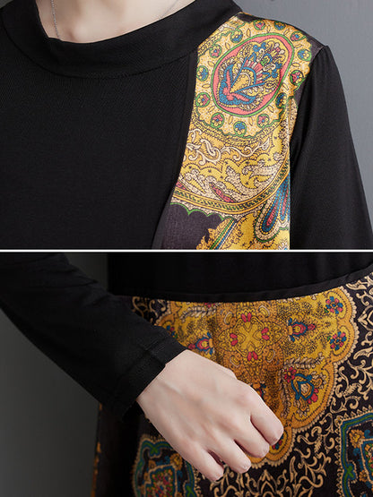 xakxx Long Sleeves Loose Asymmetric Printed Split-Joint Round-Neck Midi Dresses