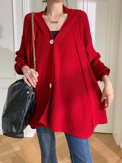 xakxx Stylish A-Line Long Sleeves Loose Solid Color V-Neck Cardigan Tops