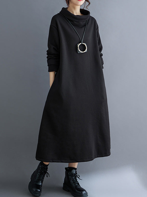 xakxx A-Line Long Sleeves Pockets Solid Color Split-Side Velvet High Neck Midi Dresses