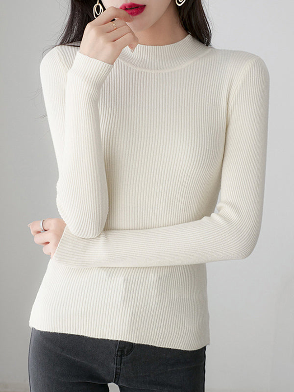 xakxx Simple Long Sleeves Skinny Solid Color High-Neck Pullovers