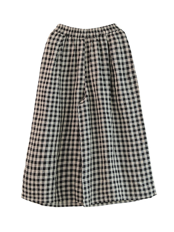 xakxx Artistic Retro Linen Loose Wide Legs Plaid Drawstring Pants