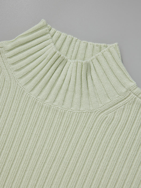 xakxx xakxx-Solid Color Long Sleeves High-Neck Sweater Top + Wide Leg Pants Bottom Two Pieces Set