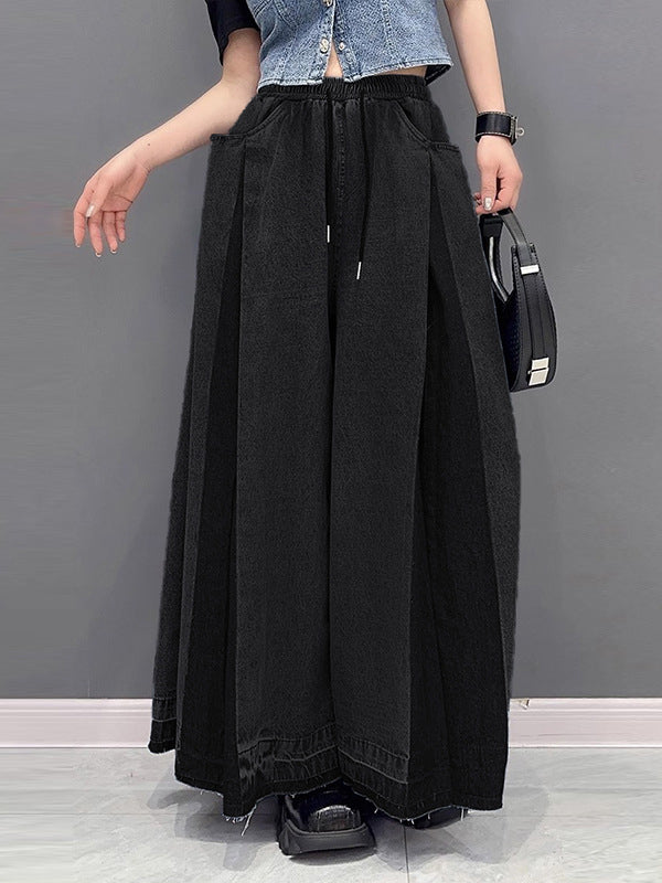 xakxx Loose Wide Leg Contrast Color Drawstring Fringed Pockets Jean Pants Bottoms