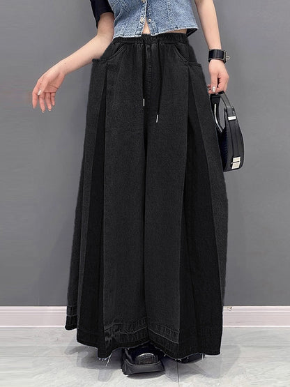 xakxx Loose Wide Leg Contrast Color Drawstring Fringed Pockets Jean Pants Bottoms