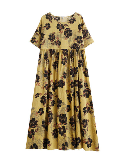 xakxx Loose Short Sleeves Pleated Printed Split-Joint Round-Neck Midi Dresses