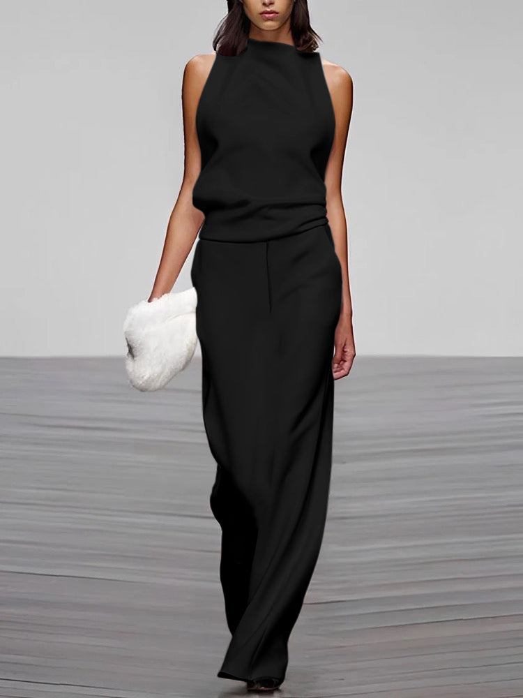 xakxx Loose Sleeveless Solid Color High-Neck Vest Tops&Skirts Bottoms Two Pieces Set