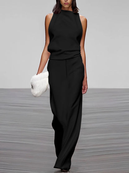 xakxx Loose Sleeveless Solid Color High-Neck Vest Tops&Skirts Bottoms Two Pieces Set