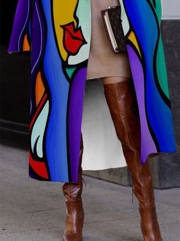 xakxx Long Sleeves Loose Contrast Color Figure Notched Collar Outerwear Woolen Coat