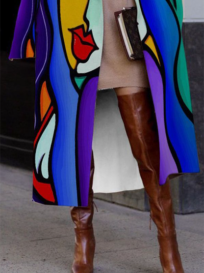 xakxx Long Sleeves Loose Contrast Color Figure Notched Collar Outerwear Woolen Coat