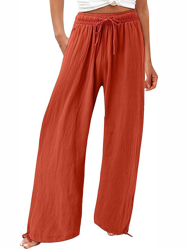 xakxx Loose Wide Leg Drawstring Elasticity Solid Color Pants Trousers