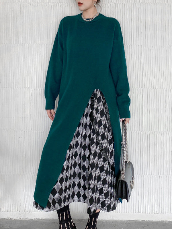 xakxx Long Sleeves Loose Solid Color Split-side Round-neck Sweater Tops