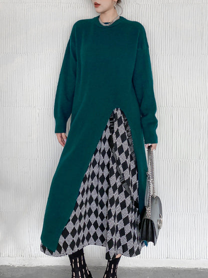 xakxx Long Sleeves Loose Solid Color Split-side Round-neck Sweater Tops