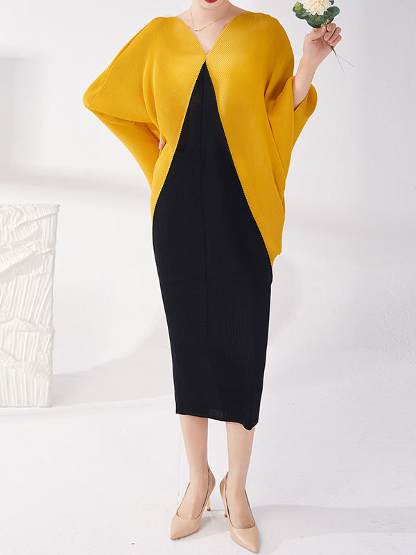 xakxx Batwing Sleeves Loose Contrast Color Pleated Round-Neck Midi Dresses