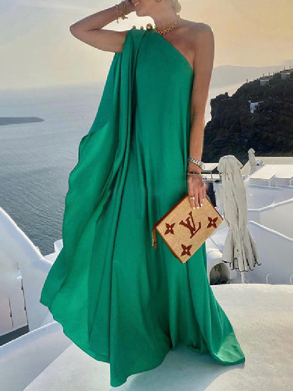 xakxx Simple Asymmetric Solid Color One-Shoulder Maxi Dresses