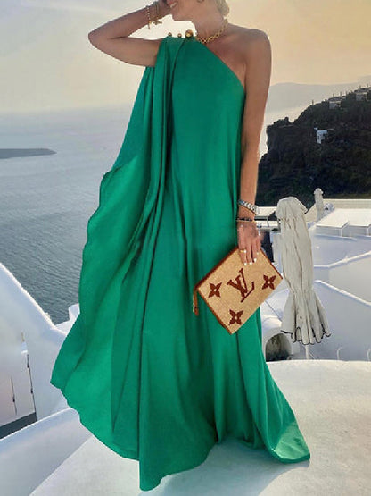 xakxx Simple Asymmetric Solid Color One-Shoulder Maxi Dresses
