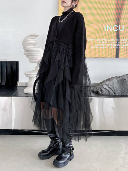 xakxx Long Sleeves Loose Buttoned Pleated Solid Color Split-Joint Tulle Velvet V-Neck Cardigan Tops