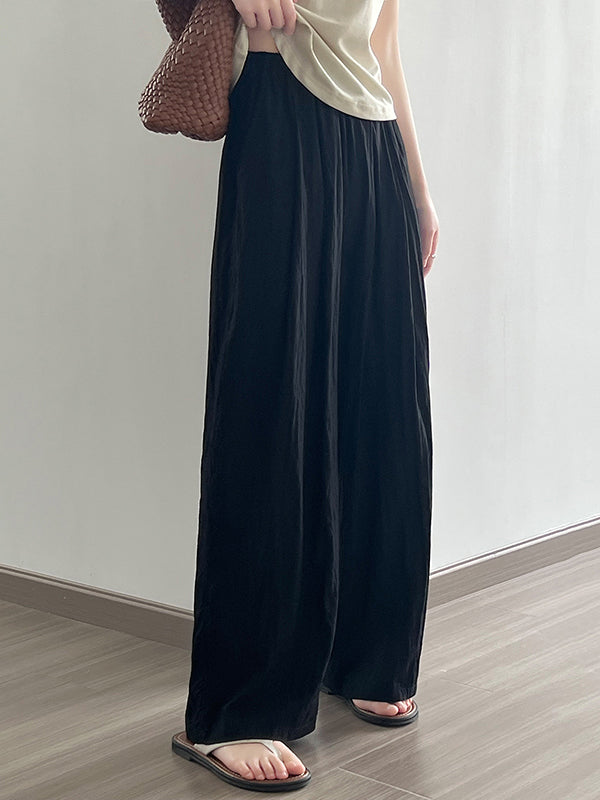 xakxx High Waisted Wide Leg Elasticity Pleated Solid Color Casual Pants Bottoms Trousers