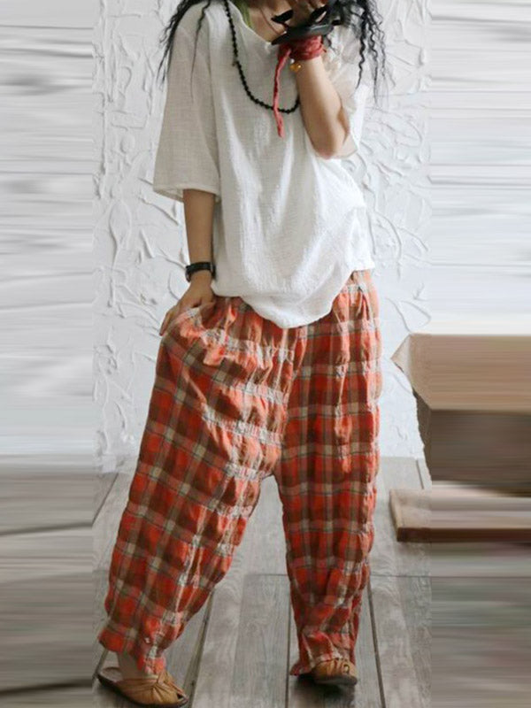xakxx Casual Ramie Cotton Plaid Wide Leg Loose Pants