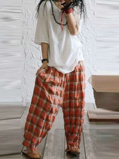 xakxx Casual Ramie Cotton Plaid Wide Leg Loose Pants