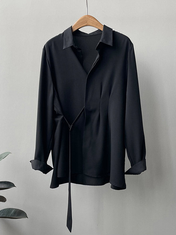 xakxx Office Loose Long Sleeves Lace-Up Solid Color Lapel Blouses