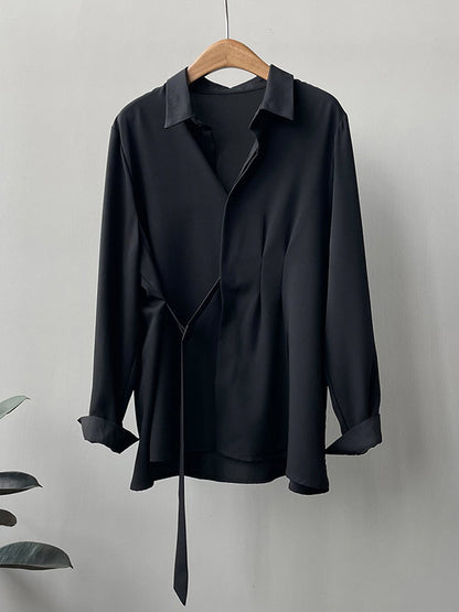 xakxx Office Loose Long Sleeves Lace-Up Solid Color Lapel Blouses